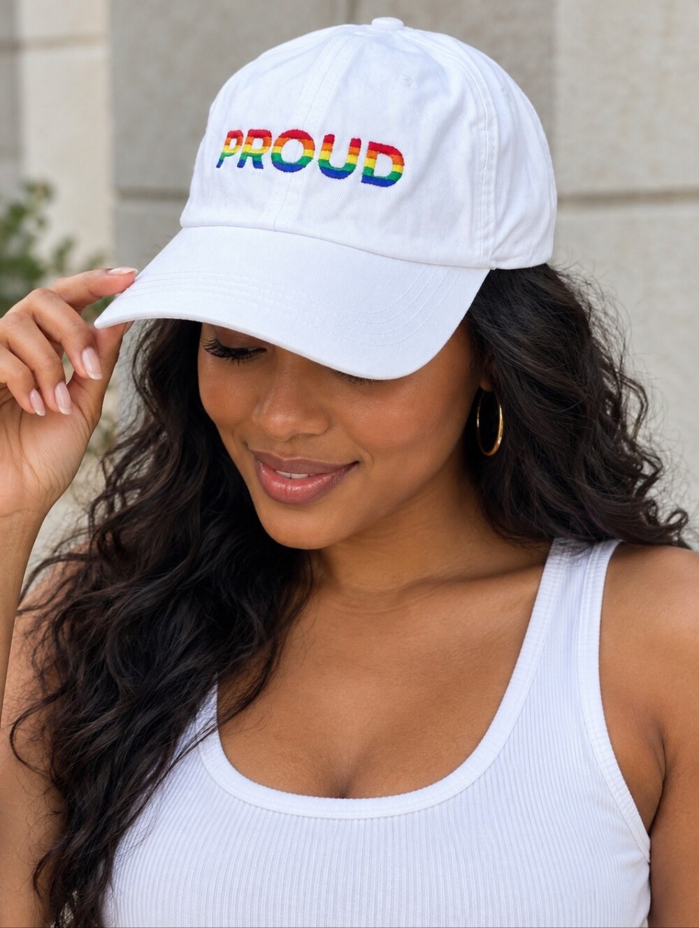 Proud Rainbow Embroidered White Baseball Cap Adjustable Pride Hat One Size -V
